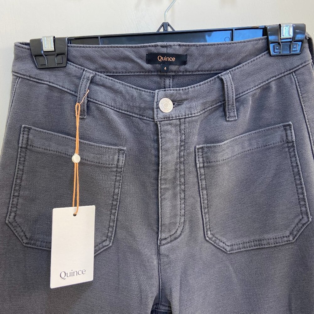 Quince, patch pocket, stretch-knit wide-leg pants in dark coal, size 4